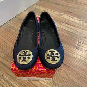 Tory Burch Quinn Quilted Nylon Navy Blue Flat